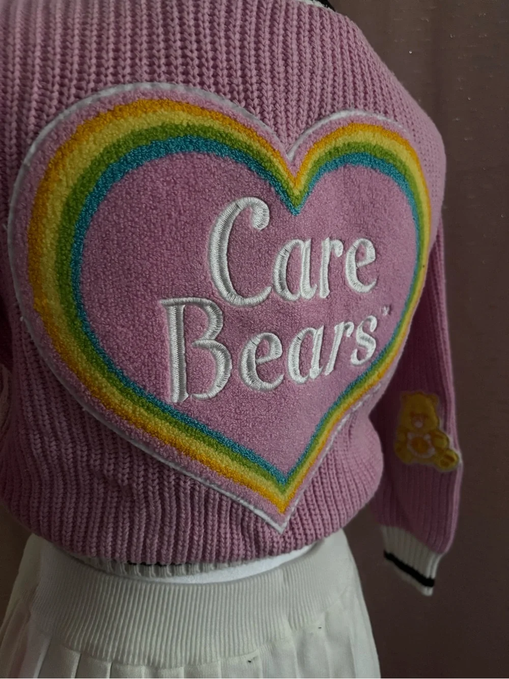 Care Bears Pink Heart Patch Knit Sweater with Rainbow Trim